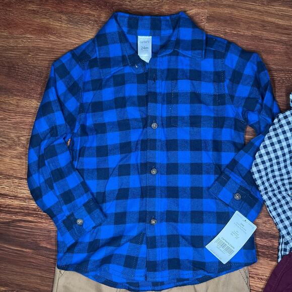NEW Carters Outfits, Plaid Flannel and Plaid Button Down with Bow Tie 24 Months - Picture 2 of 6